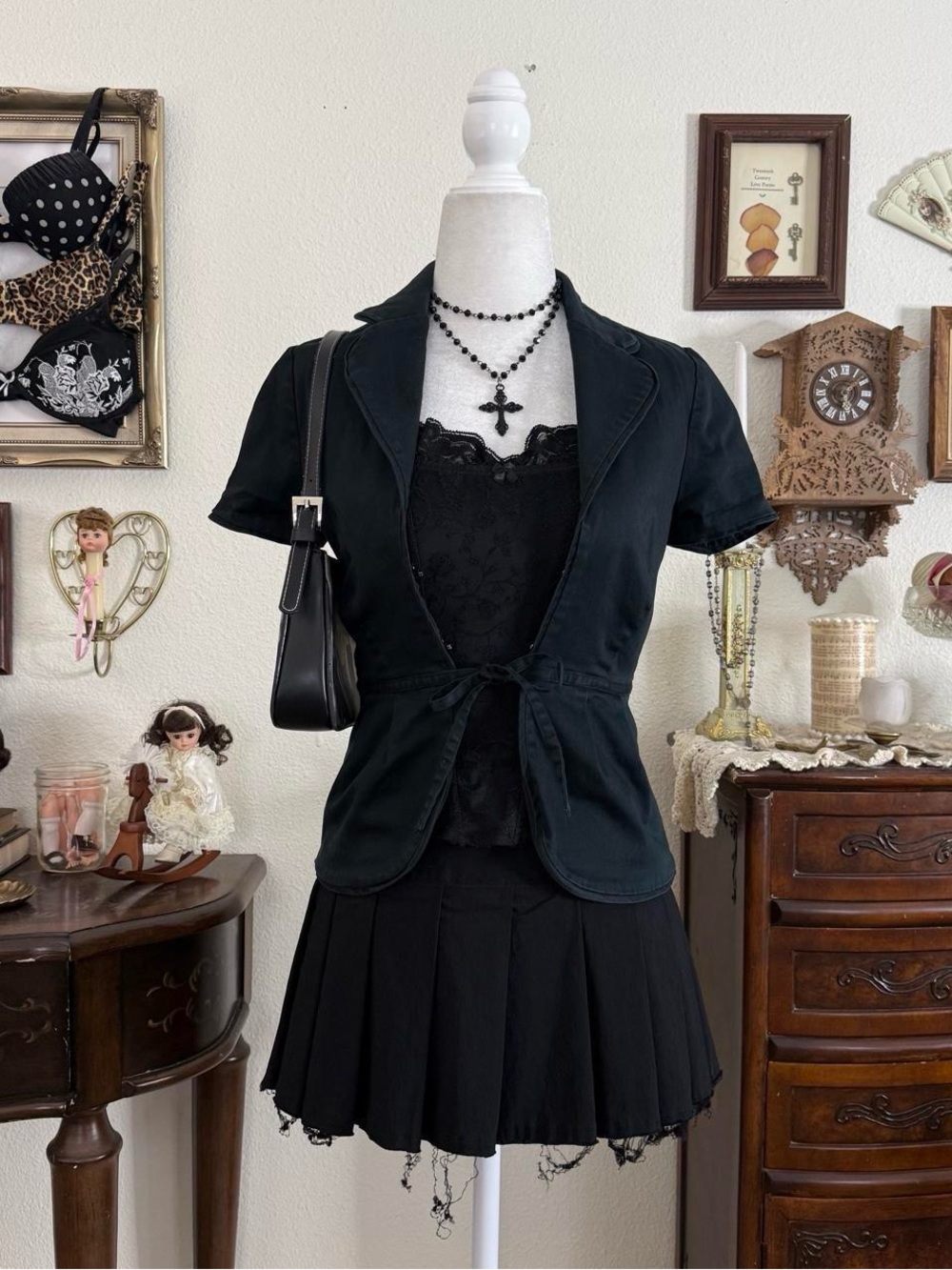 Y2k vampy office siren girly goth black short sleeve tie front jacket